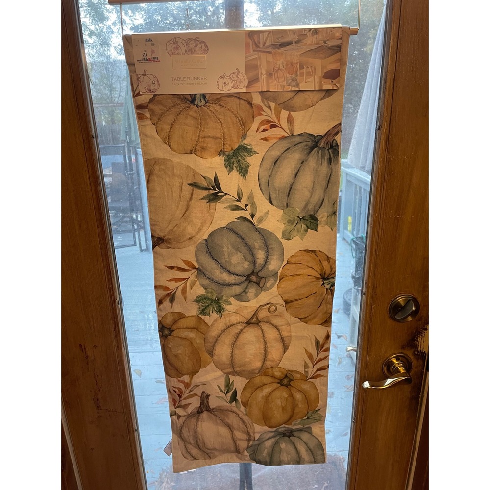 Shabby Chic Table‎ Runner 14" x 72" Beige Blue Pumpkin Fall Harvest Decor - Picture 6 of 9